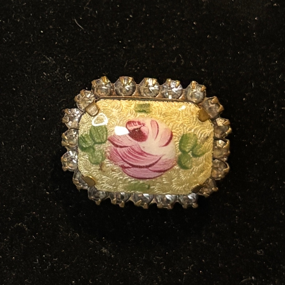 Vintage Hand Painted Enamel Rose Brooch with Rhinestones